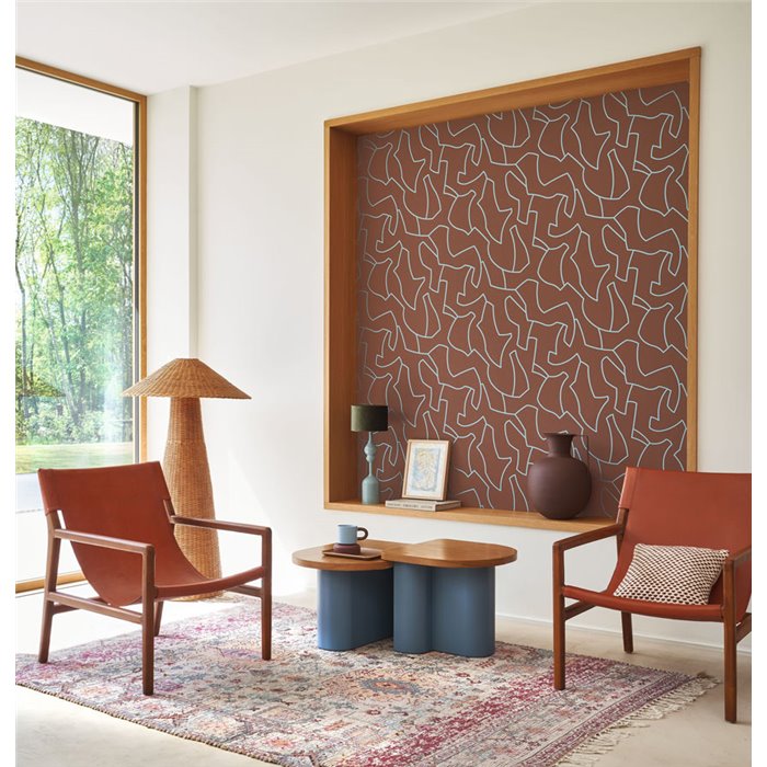 Casadeco|Papier peint moderne rouge et argenté en forme de labyrinthe|Hôtellerie