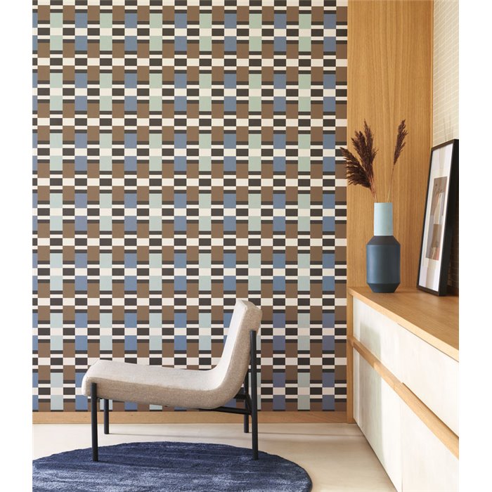 Casadeco|Blue and brown retro-modern striped wallpaper|Wallpaper