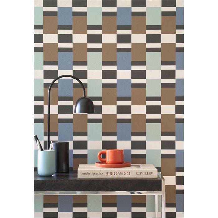 Casadeco|Blue and brown retro-modern striped wallpaper|Wallpaper