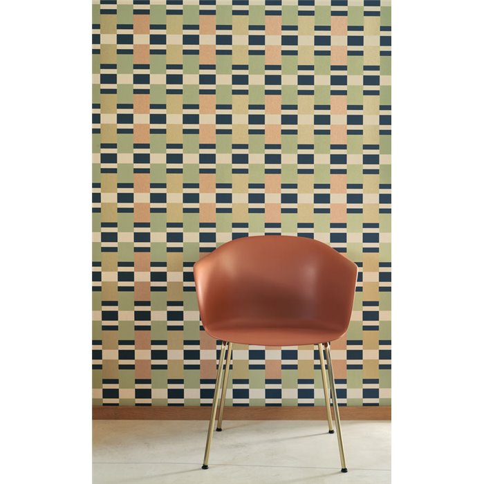 Casadeco|Papel pintado rayas verde ocre estilo retro moderno|Geométrico