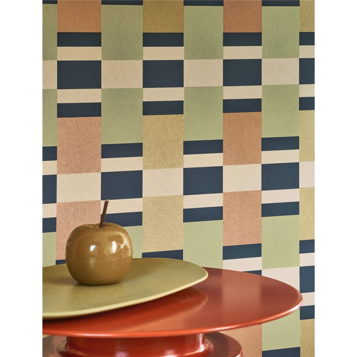 Casadeco|Papier peint rayures vert ocre rétro moderne|Géométrique
