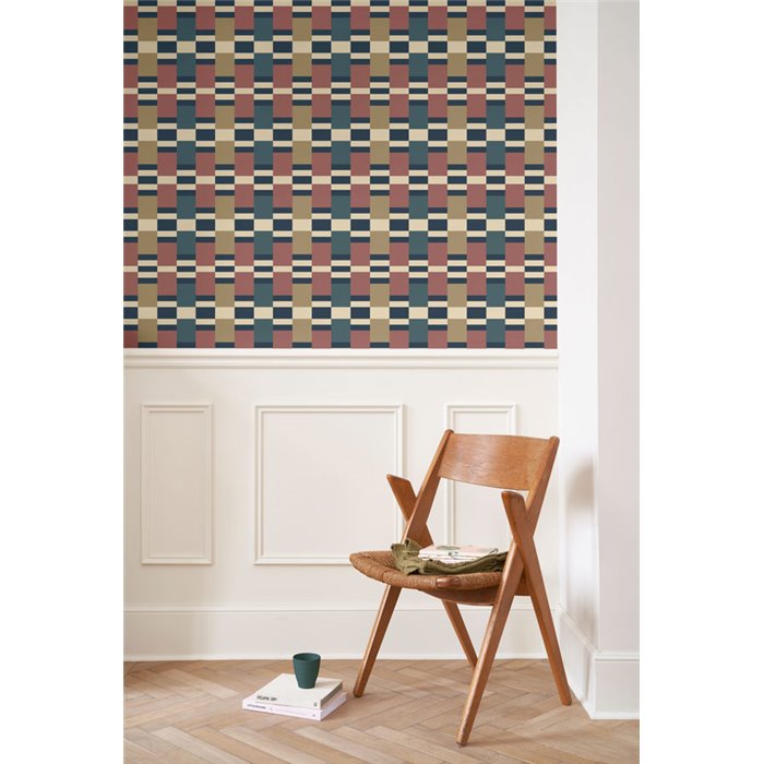 Casadeco|Blue and burgundy retro-modern striped wallpaper|Geometric