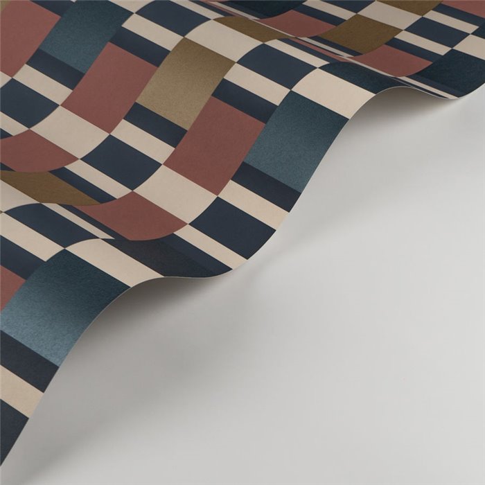 Casadeco|Blue and burgundy retro-modern striped wallpaper|Geometric