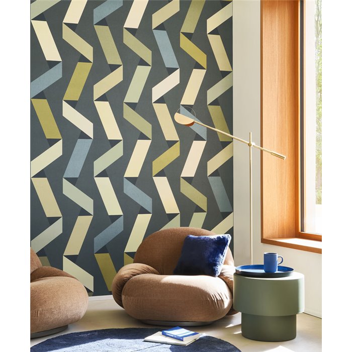 Casadeco|Modern wallpaper for living room or hospitality, blue zigzag streamers|Modern