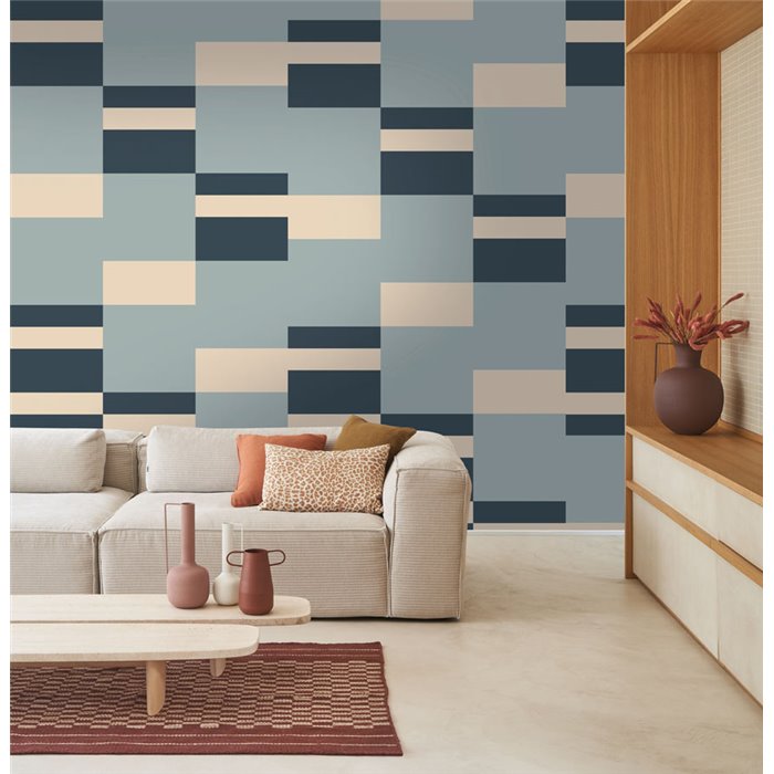Casadeco|Papier peint moderne rayures beige et bleu|Géométrique