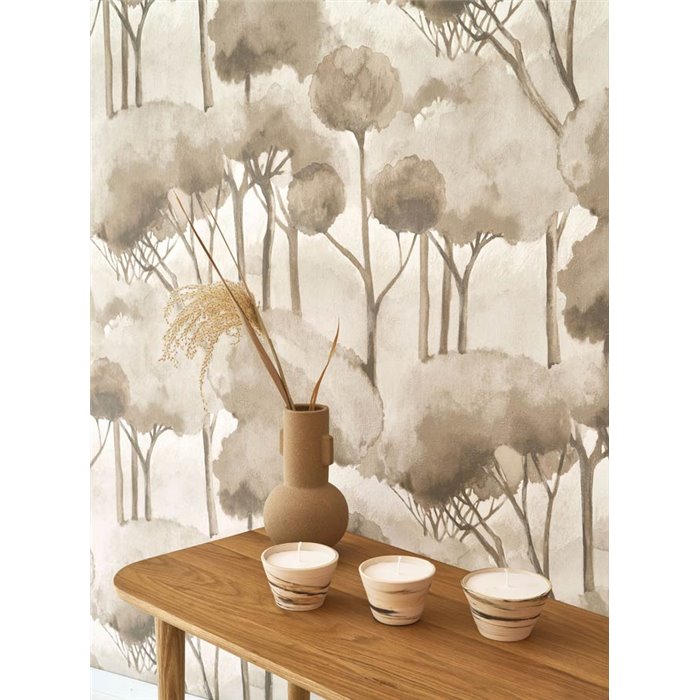 Casadeco|Moderne Tapete mit beigem Kiefernwald im Aquarell-Stil|Blumen
