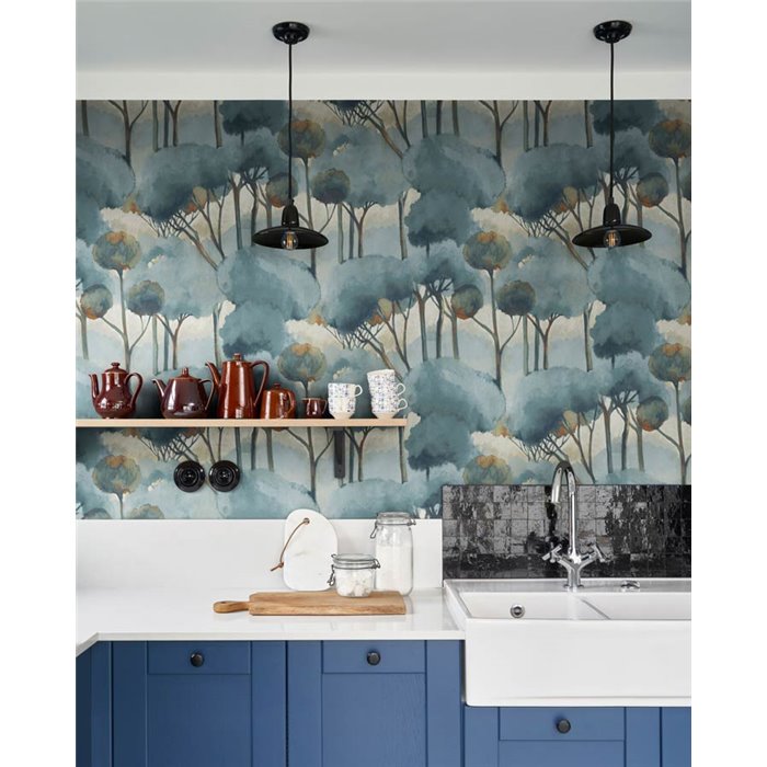 Casadeco|Papel pintado bosque de pinos efecto acuarela azul|Floral