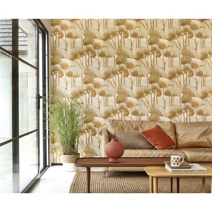 Papel pintado salón moderno con bosque de pinos verde - Casadeco Sentier des Dunes 200927105