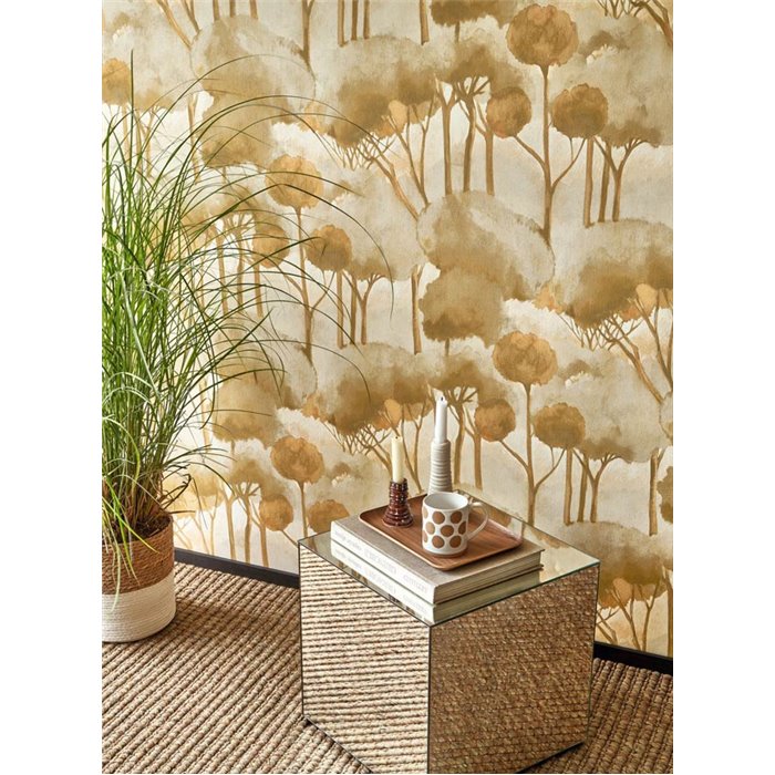 Papel pintado salón moderno con bosque de pinos verde - Casadeco Sentier des Dunes 200927105