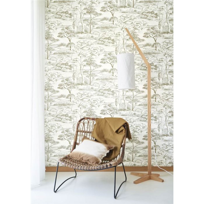 Casadeco|Mediterranean landscape wallpaper with white and green pines|Floral