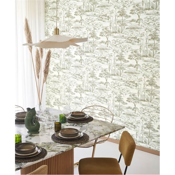 Casadeco|Mediterranean landscape wallpaper with white and green pines|Floral