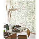 Casadeco|Mediterranean landscape wallpaper with white and green pines|Floral