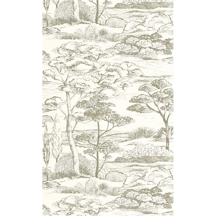 Casadeco|Mediterranean landscape wallpaper with white and green pines|Floral