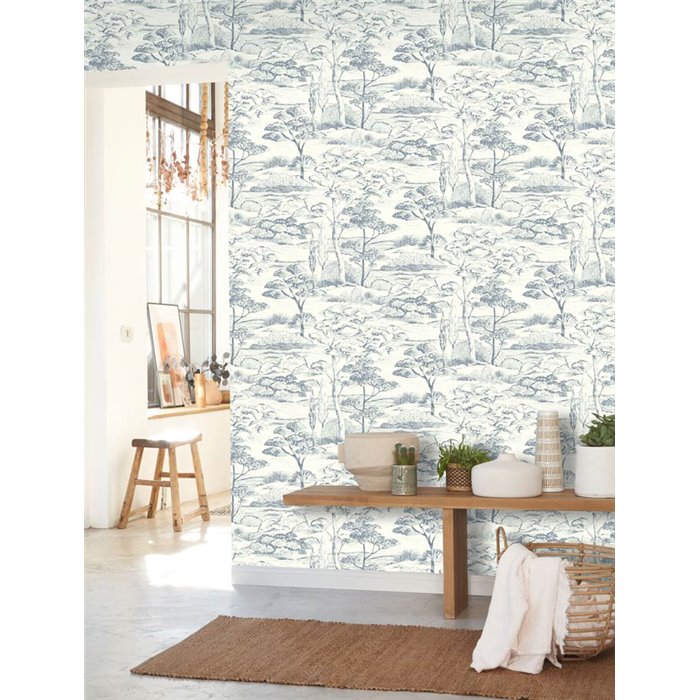 Papel pintado mediterráneo paisaje costero con pinos blanco y azul - Casadeco Sentier des Dunes 200937297