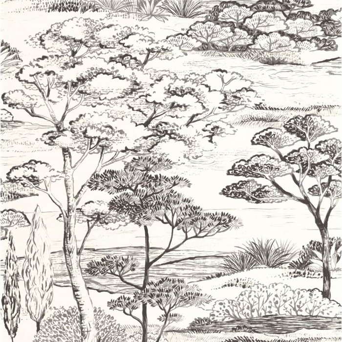Casadeco|Papel pintado paisaje con pinos blanco y negro estilo mediterráneo|Floral