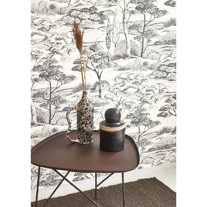 Casadeco|Landschaftstapete mit Kiefern in Schwarz und Weiß im mediterranen Stil|Blumen