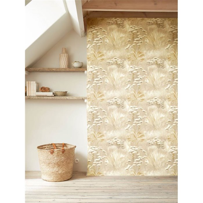 Casadeco|Papier peint floral aquarelle beige avec beau motif de plantes sauvages|Floral