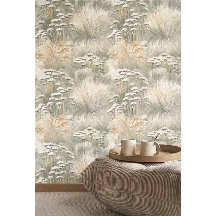 Casadeco|Papier peint fleurs des champs vertes avec un bel effet aquarelle|Floral