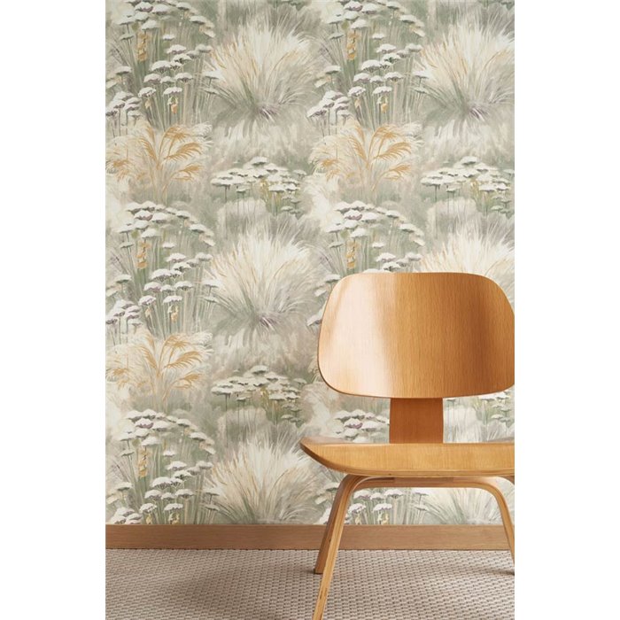 Casadeco|Papel pintado flores de campo verde con un hermoso efecto acuarela|Floral