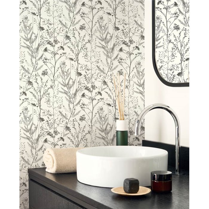 Casadeco|Papel pintado para baños con flores de lavanda marina blanco|Rústico