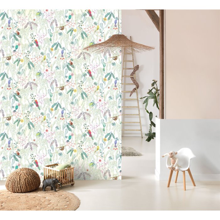 Casadeco|Kids wallpaper tropical animals white and green|Children's