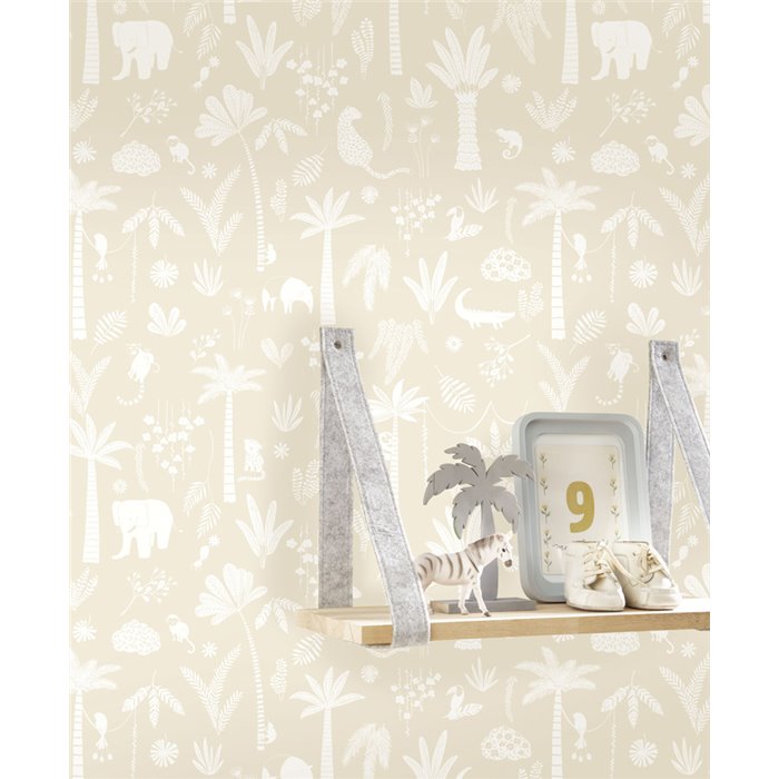 Casadeco|Papier peint enfant jungle beige avec animaux sauvages|Enfants