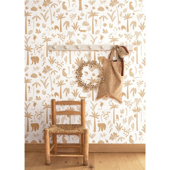 Casadeco|Papel pintado infantil jungla blanco y marrón con animales|Infantil