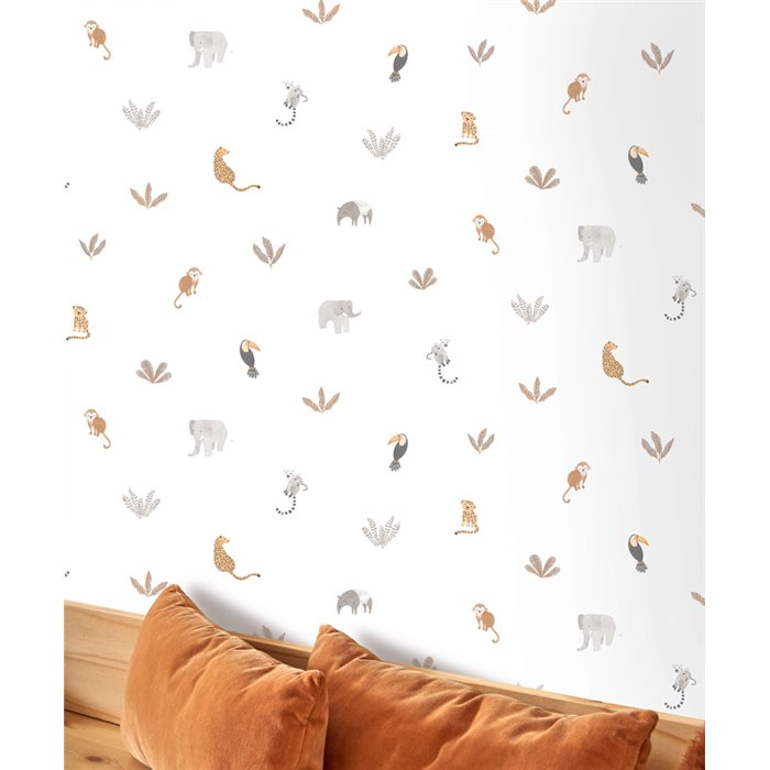 Casadeco|Papel pintado infantil jungla blanco y beige con animales|Infantil