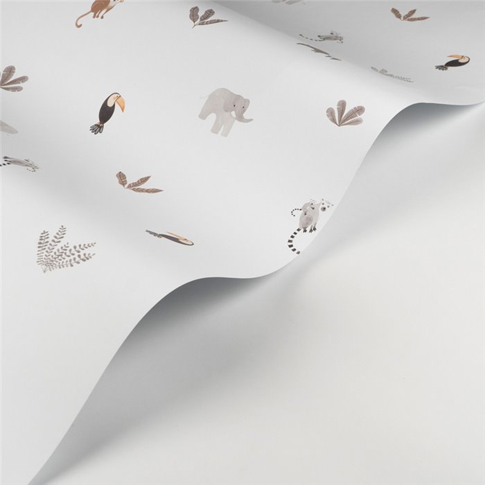 Casadeco|Papel pintado infantil jungla blanco y beige con animales|Infantil
