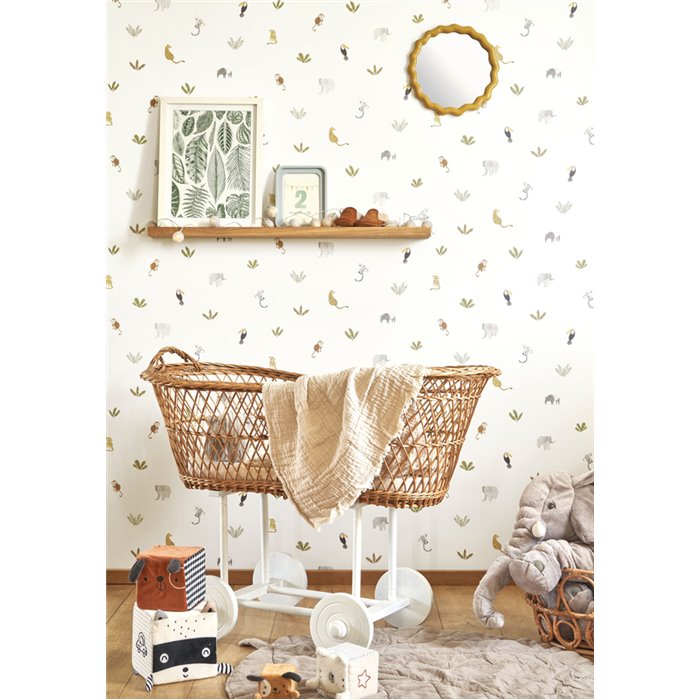 Casadeco|Papel pintado infantil jungla blanco y verde con animales|Infantil