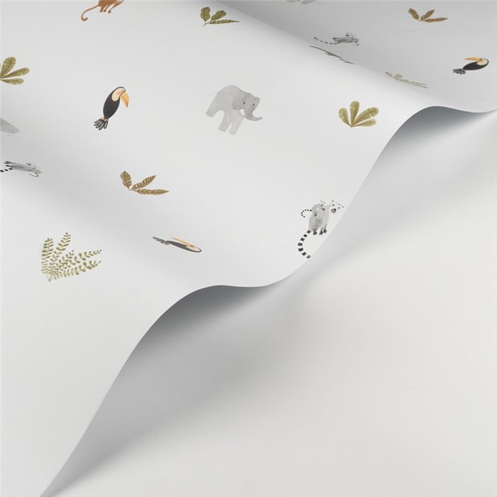 Casadeco|Papel pintado infantil jungla blanco y verde con animales|Infantil