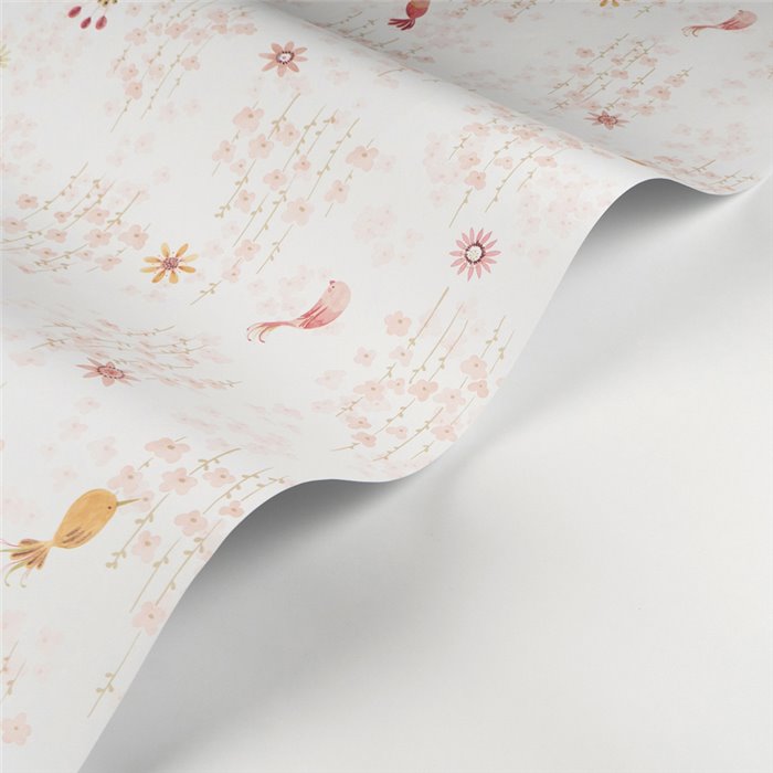 Casadeco|Papel pintado infantil pájaros exóticos y flores rosa pastel|Infantil