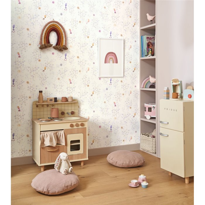 Casadeco|Papel pintado infantil pájaros exóticos y flores violeta pastel|Infantil