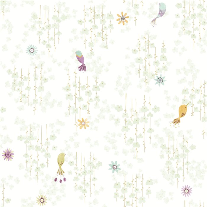 Casadeco|Papel pintado infantil pájaros exóticos y flores verde pastel|Infantil