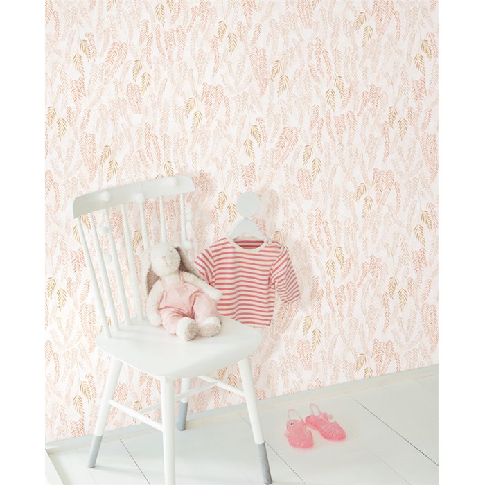 Casadeco|Papel pintado infantil hojas blanco y rosa|Infantil