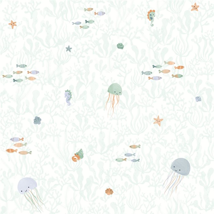 Casadeco|Papel pintado infantil corales y fauna marina blanco y verde|Infantil