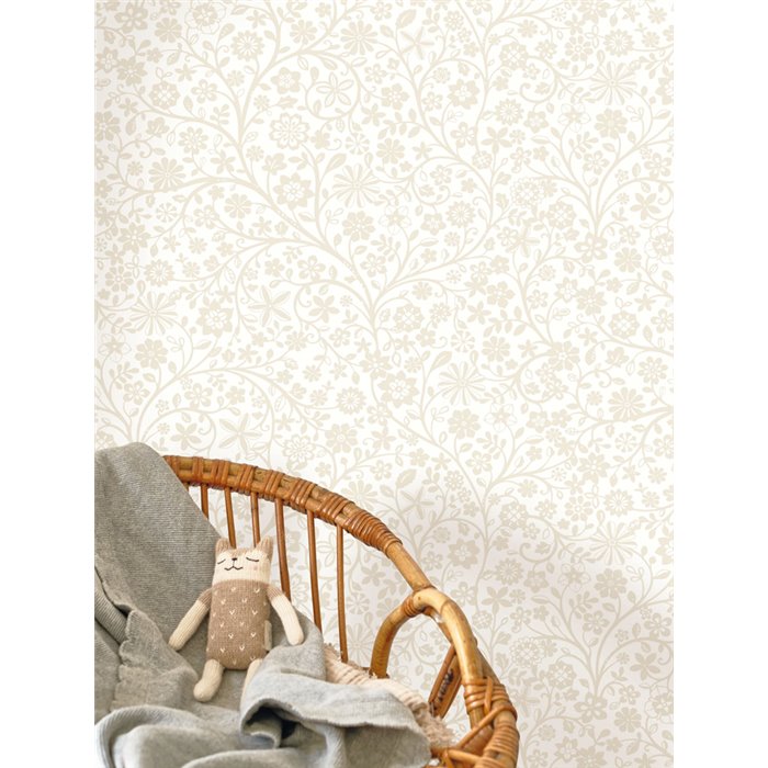 Casadeco|Papel pintado infantil flores de pradera blanco y beige|Infantil