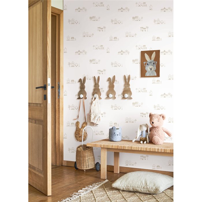 Casadeco|Papier peint enfant cottages Toile de Jouy blanc et beige|Enfants