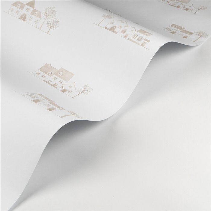 Casadeco|Papel pintado infantil cabañas Toile de Jouy blanco y beige|Infantil