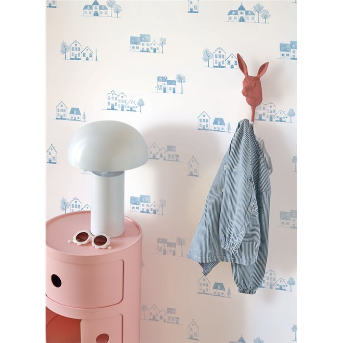 Casadeco|Papel pintado infantil cabañas Toile de Jouy blanco y azul|Infantil