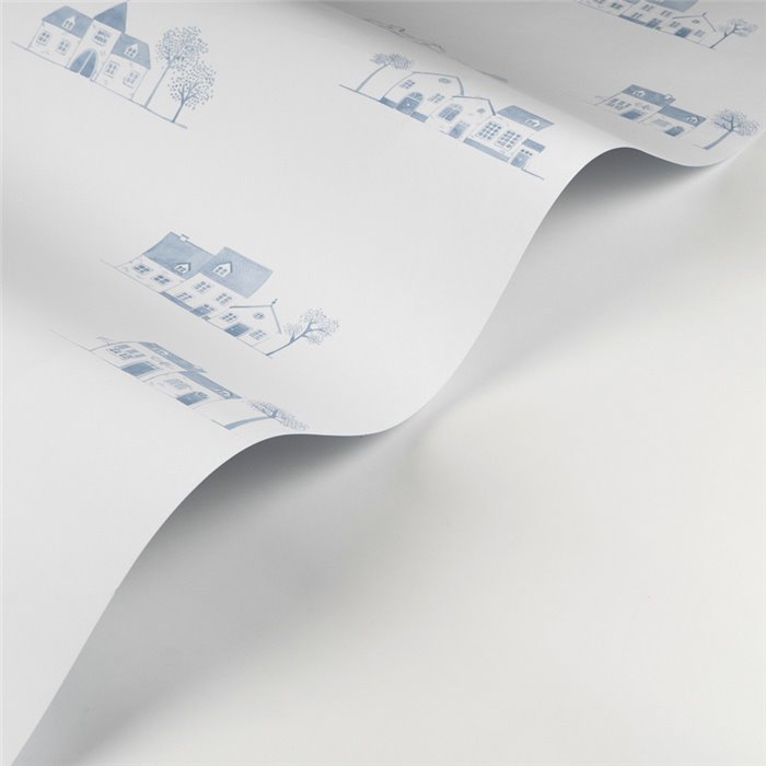 Casadeco|Papel pintado infantil cabañas Toile de Jouy blanco y azul|Infantil