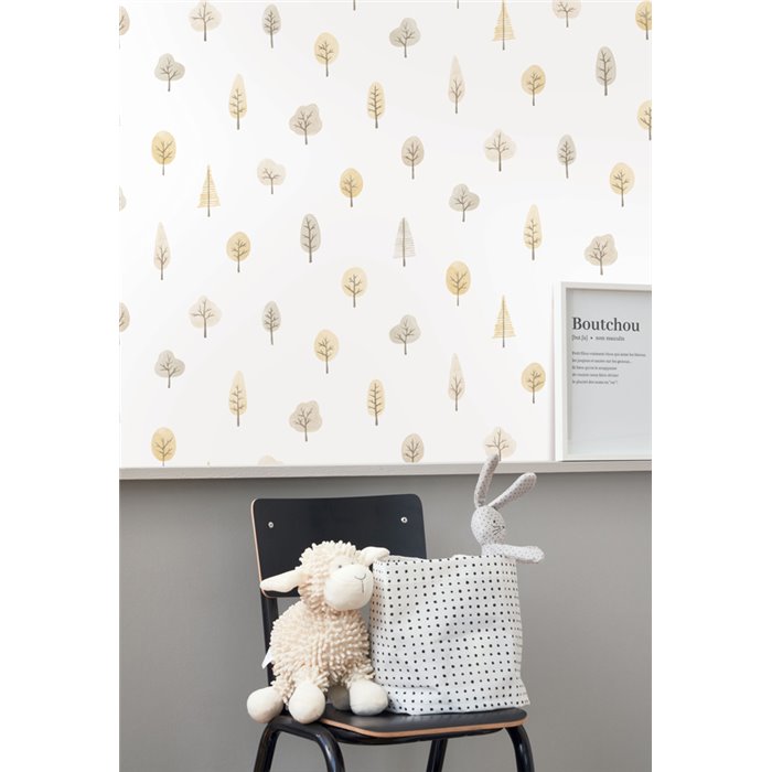 Casadeco|Papier peint enfant arbres de la forêt blanc et beige|Enfants