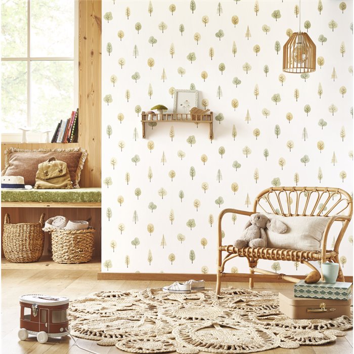 Casadeco|Papel pintado infantil árboles del bosque blanco y verde|Infantil