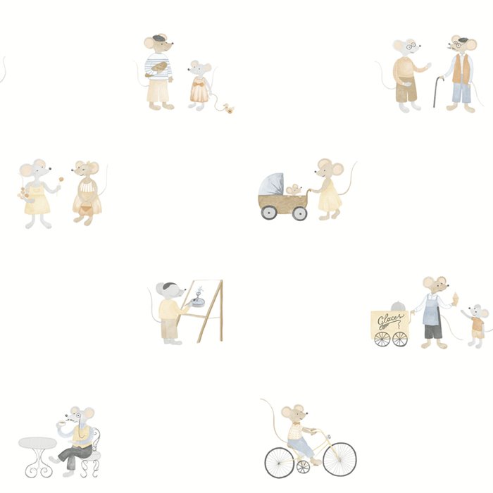 Casadeco|Papel pintado infantil aldea de ratones blanco y beige|Infantil