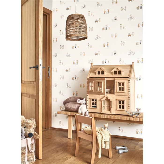 Casadeco|Papel pintado infantil aldea de ratones blanco y beige|Infantil