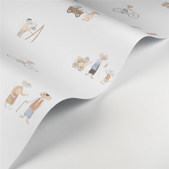 Casadeco|Papel pintado infantil aldea de ratones blanco y beige|Infantil