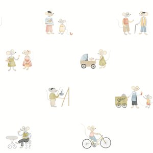 Casadeco|Papier peint enfant village de souris blanc et beige|Enfants