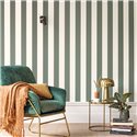 Caselio|Scandinavian-style green striped wallpaper with gold border|Stripes