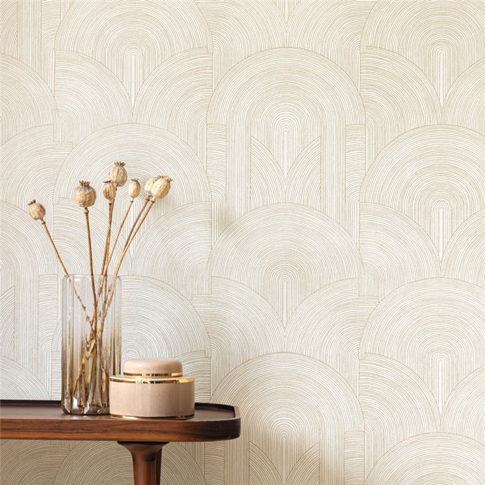 Caselio|Papel pintado elegante blano y dorado forma arcos art deco|Art Deco