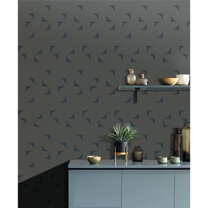 Caselio|Art-Déco-Geometrie Tapete in Blau und Gold|Tapeten